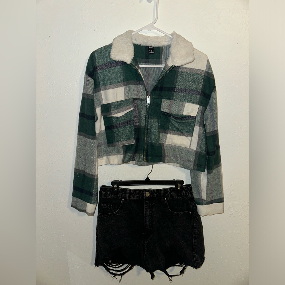 Green Collar Zip Up Plaid Overcoat